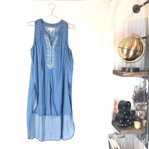 Denim Sleeveless Shift Embroidered High Low Top